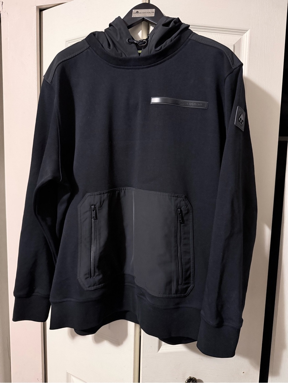 Moose Knuckles Men's Black Crewneck Hoodie with Subtle Patch